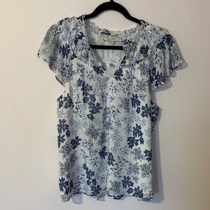 LOFT White and Blue Floral Blouse